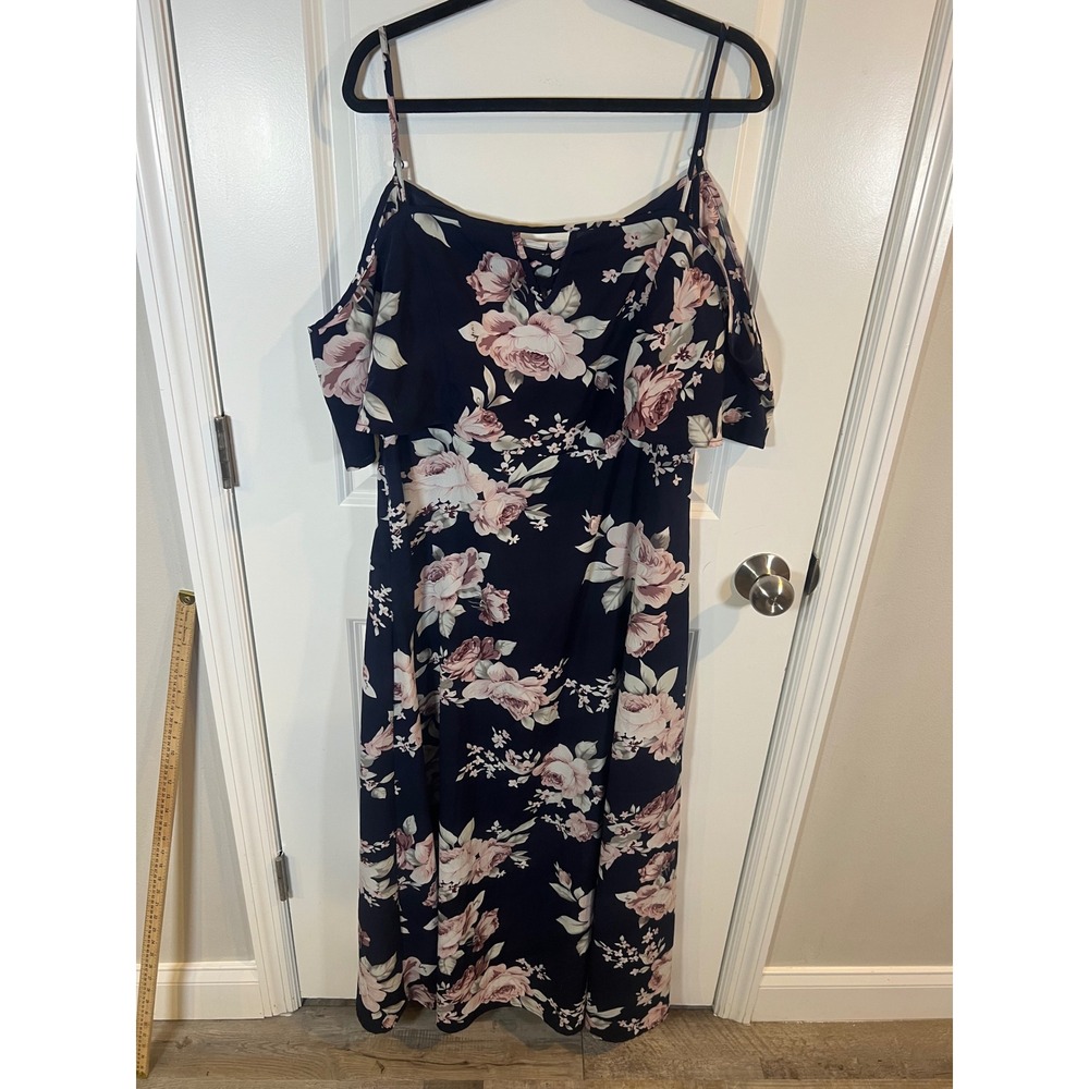 Shein Curve Womens Maxi Dress Floral Cold Shoulder Navy Blue 2XL‎